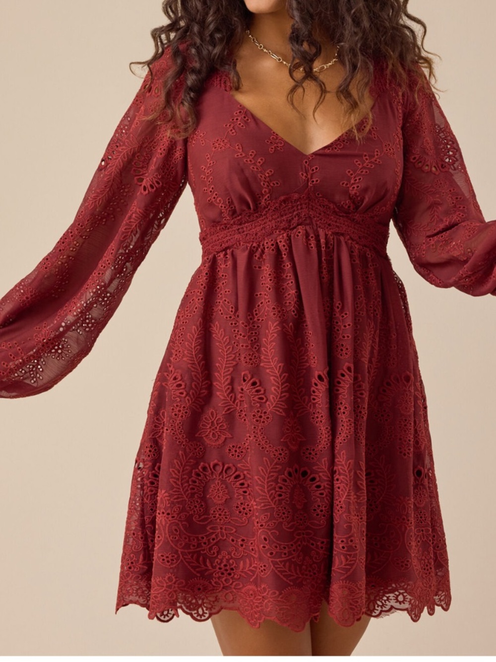 Altar'd State Burgundy Eyelet Lace V-Neck Mini Dress